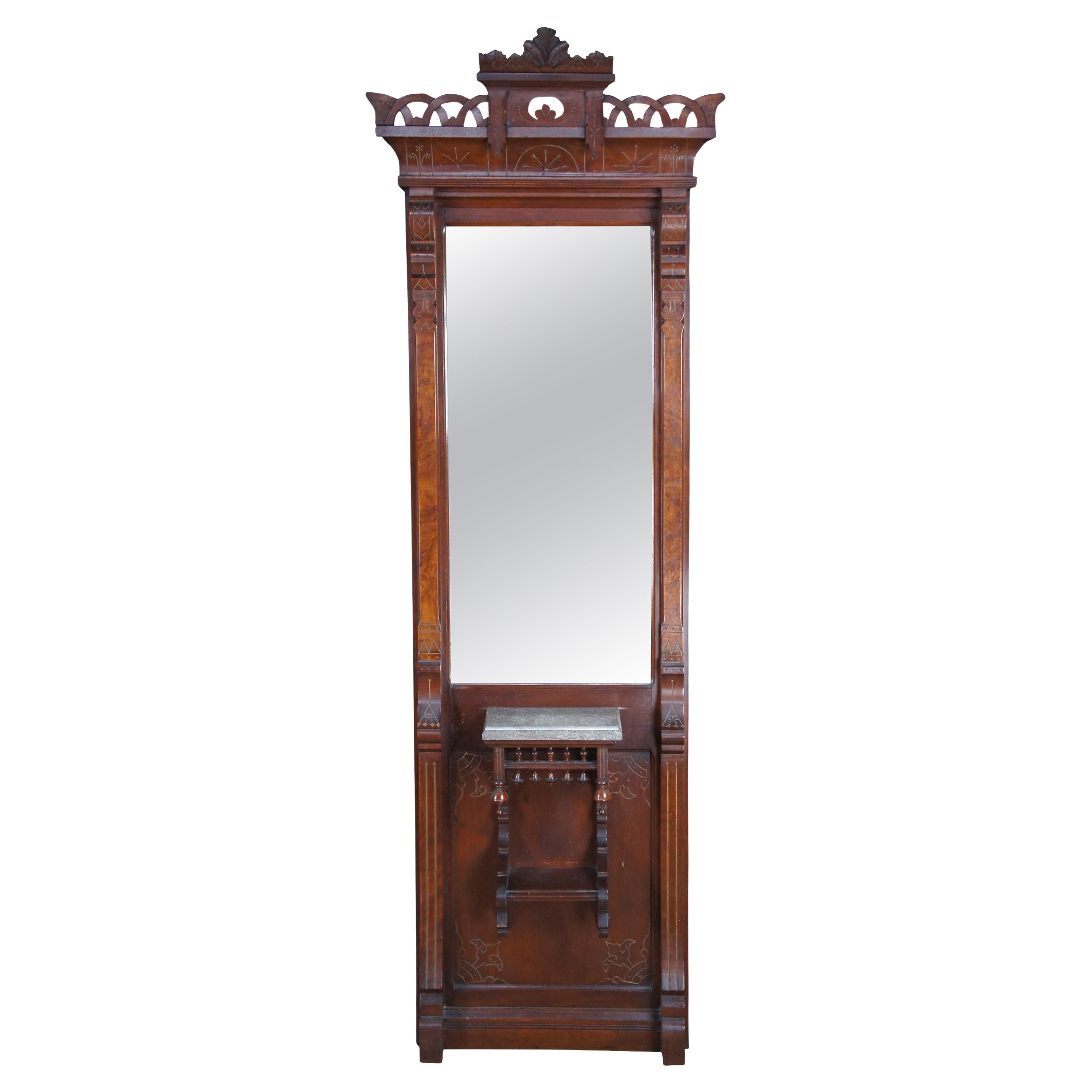 Antique Victorian Eastlake Mahogany Hall Parlor Entry Vanity Pier Mirror 86" For Sale