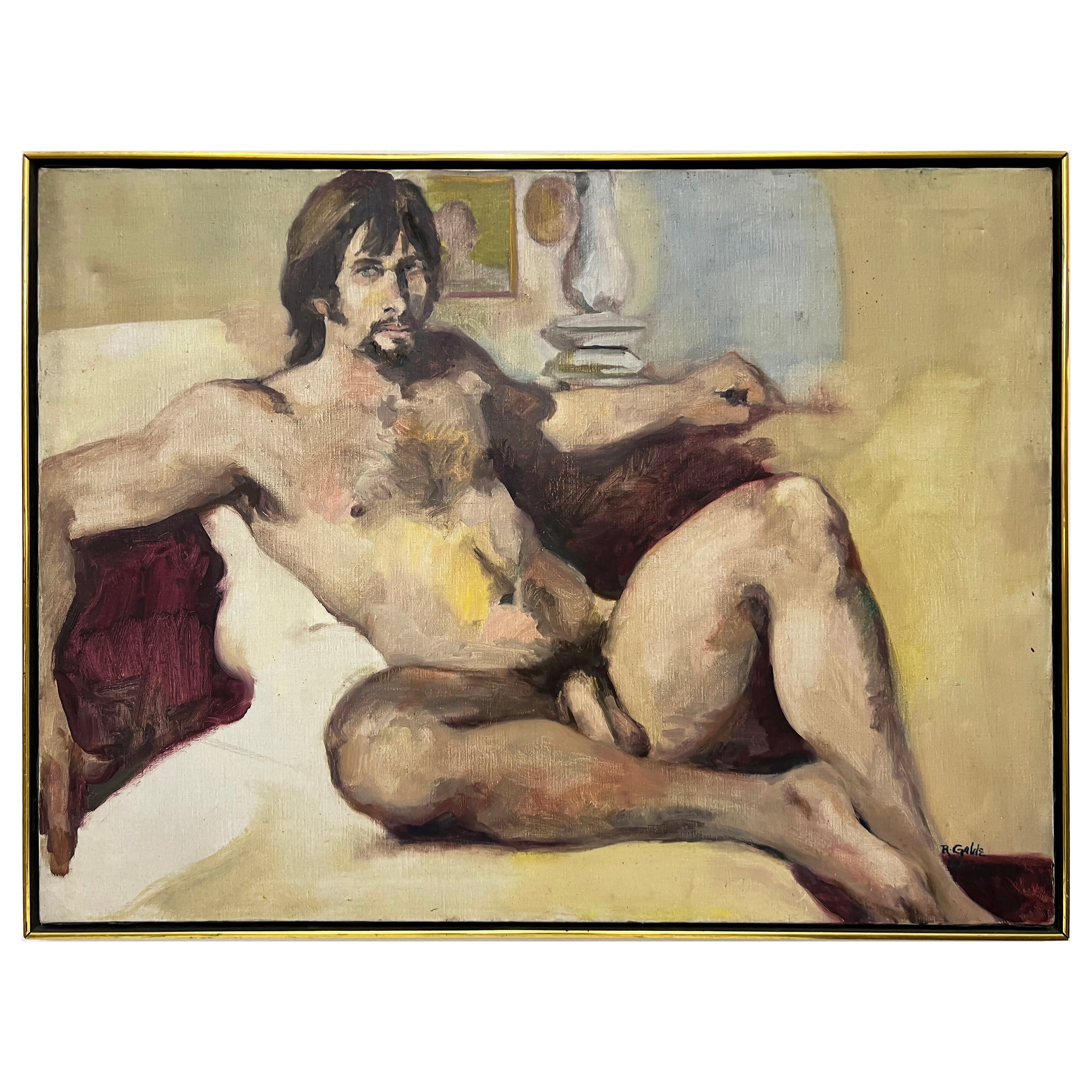 Gran pintura al óleo de estudio de desnudo masculino vintage de los años 70 de Robert Gable en venta