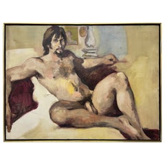 Grande pittura ad olio vintage degli anni '70 di Robert Gable, studio di nudo maschile