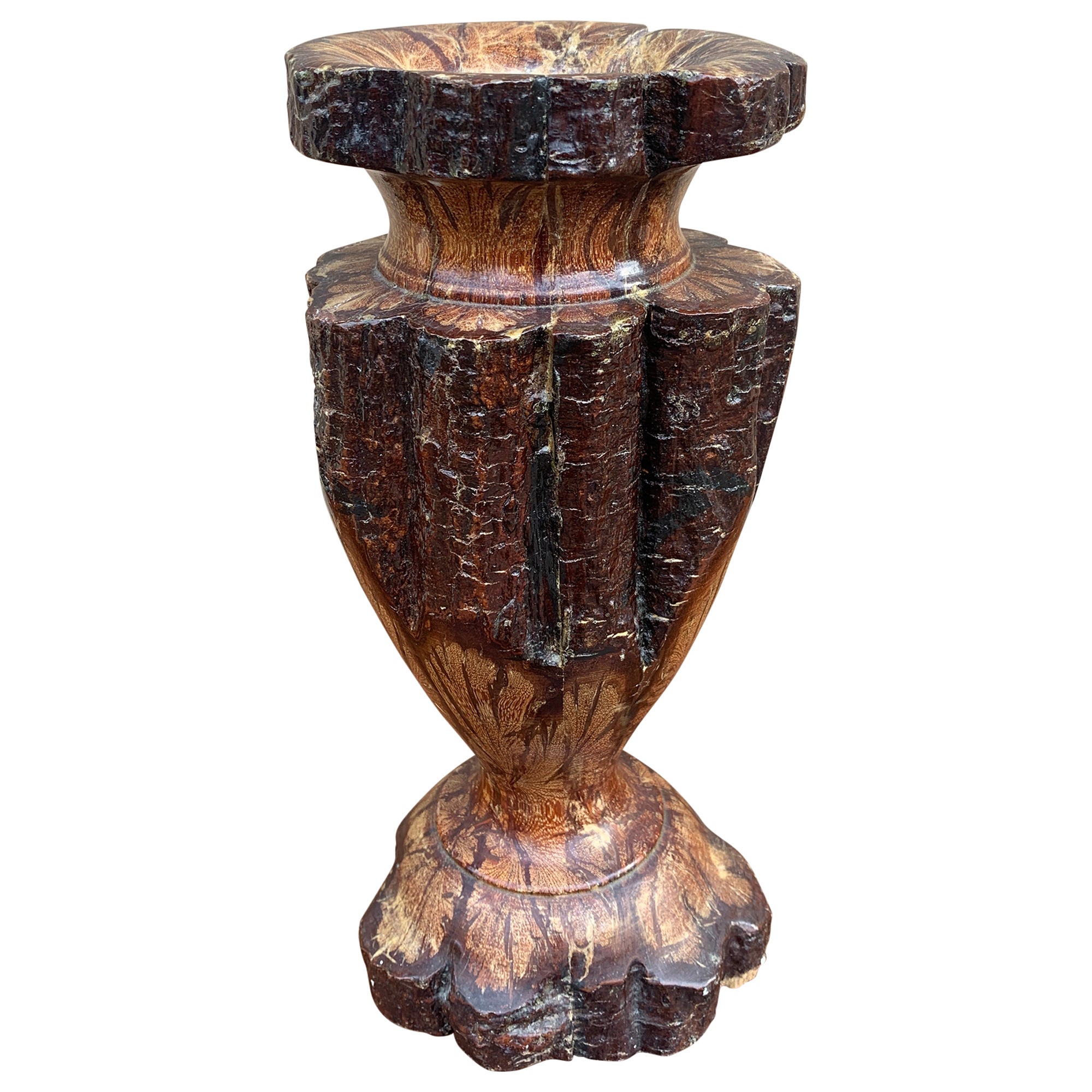 Vintage Wabi-Sabi Rustic Hand Carved Chrysanthemum Wood Vase For Sale