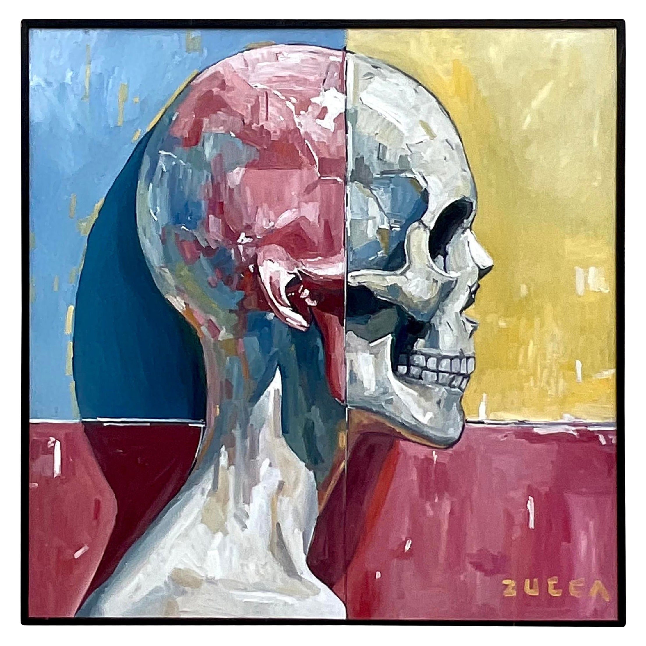 Vintage Boho Original Skull Oil Painting on Board For Sale