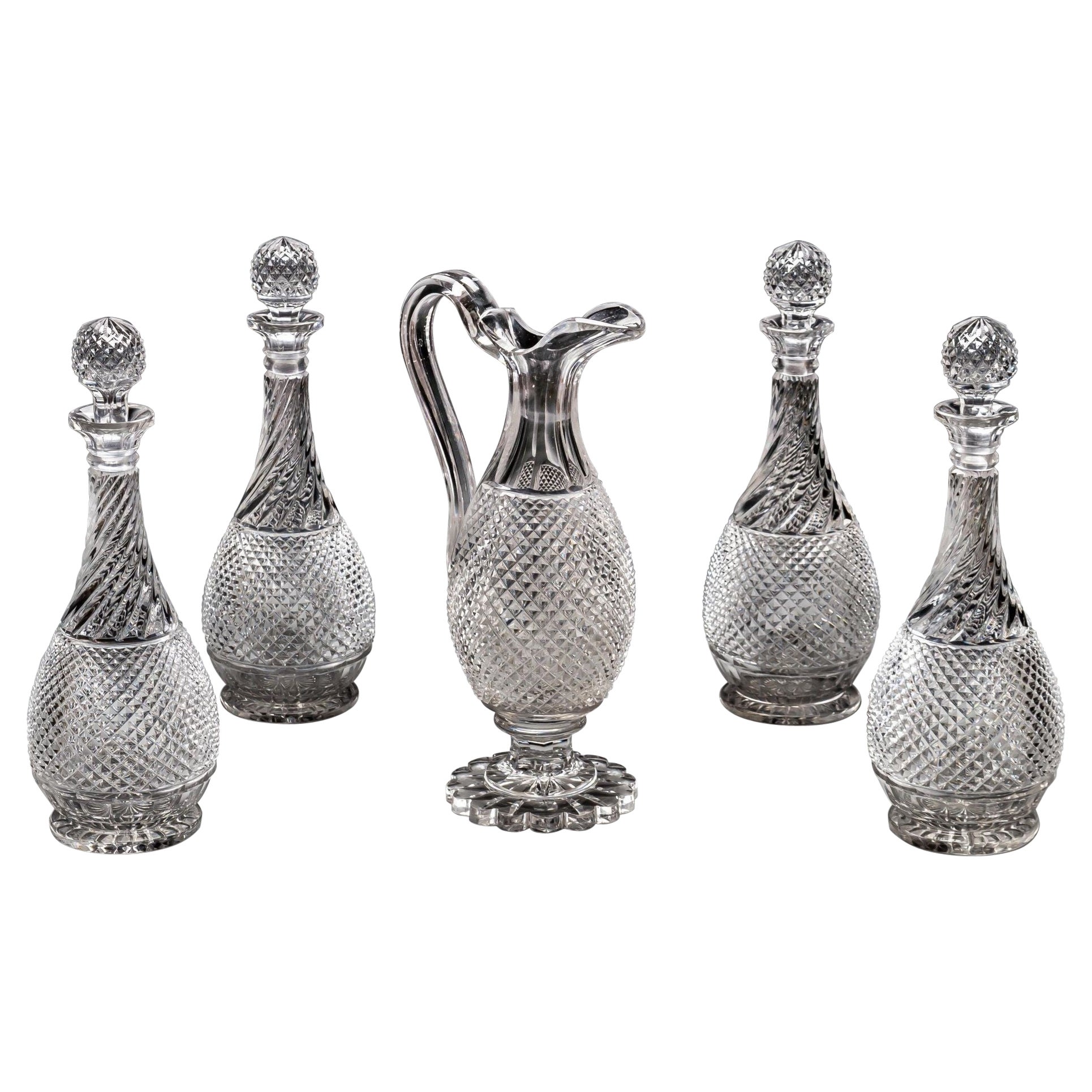 A Set of Four Diamond & Swirl Cut Decanters With Corresponding Wine Ewer For Sale
