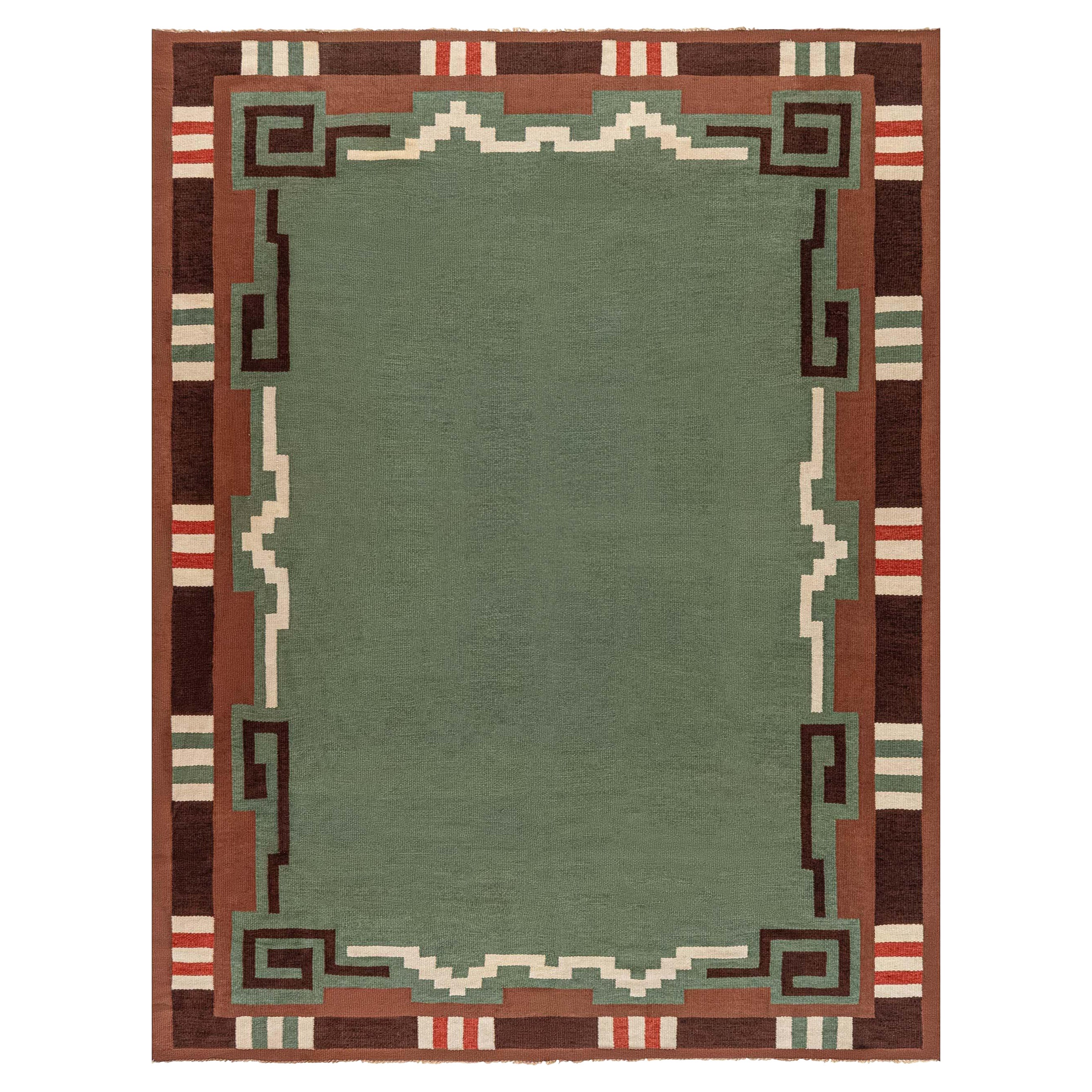 Mid-20th Century Swedish Green Hand Knotted Wool Rug For Sale