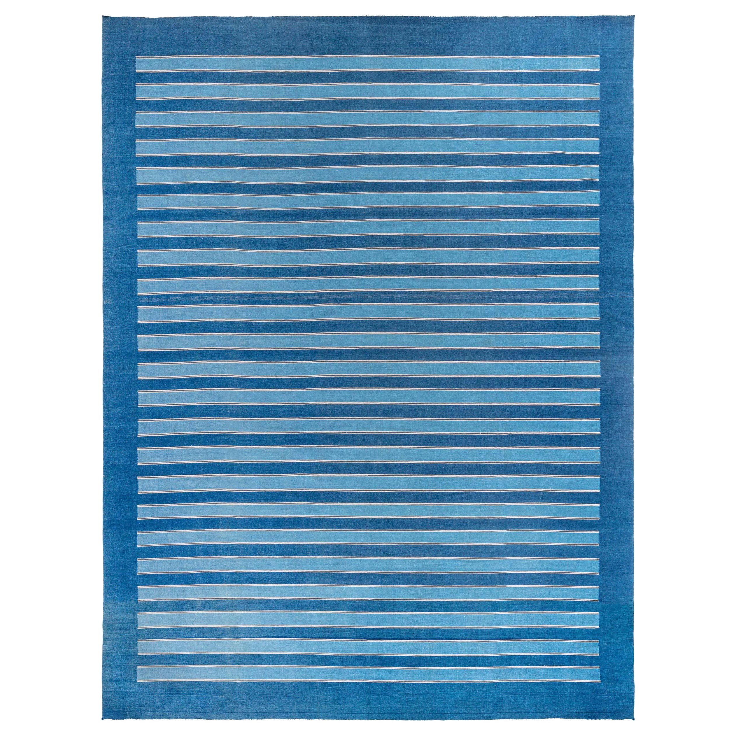 Vintage Indian Dhurrie Striped Blue Beige Rug For Sale