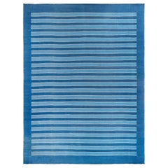 Vintage Indian Dhurrie Striped Blue Beige Rug