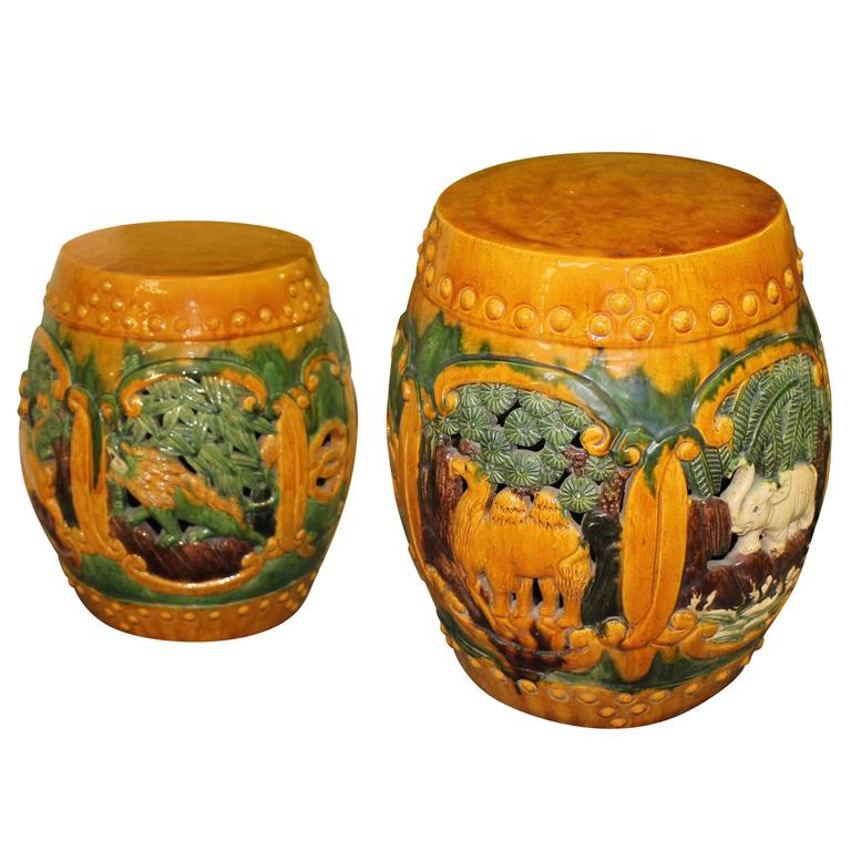 Vintage Pair of Ceramic Garden Drum Stools or Stands with Camels and