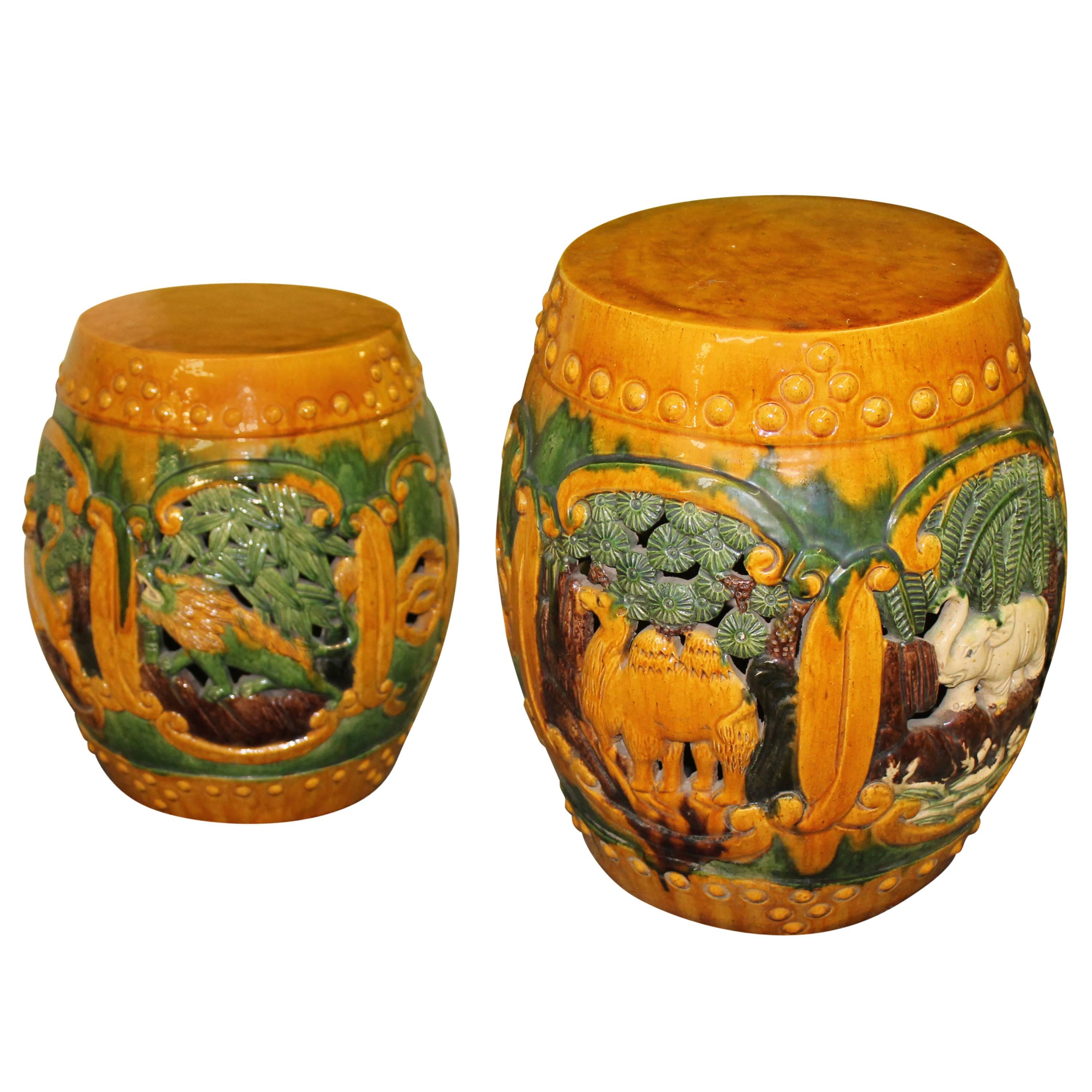  Vintage Pair of Ceramic Garden Drum Stools or Stands with Camels and Elephants