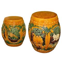 Vintage Pair of Ceramic Garden Drum Stools or Stands with Camels and Elephants
