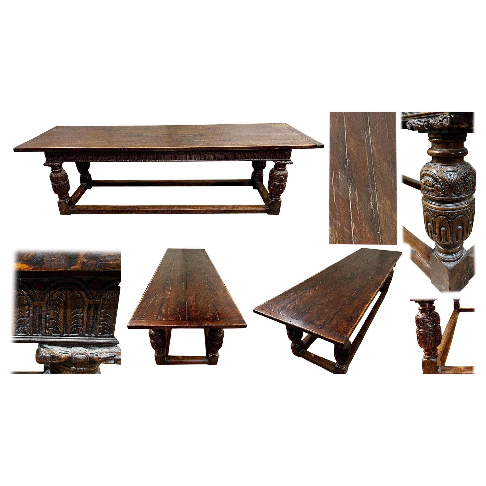 Table de Réfectoire Antique Oak Oak Plank Top 18th Century Farmhouse