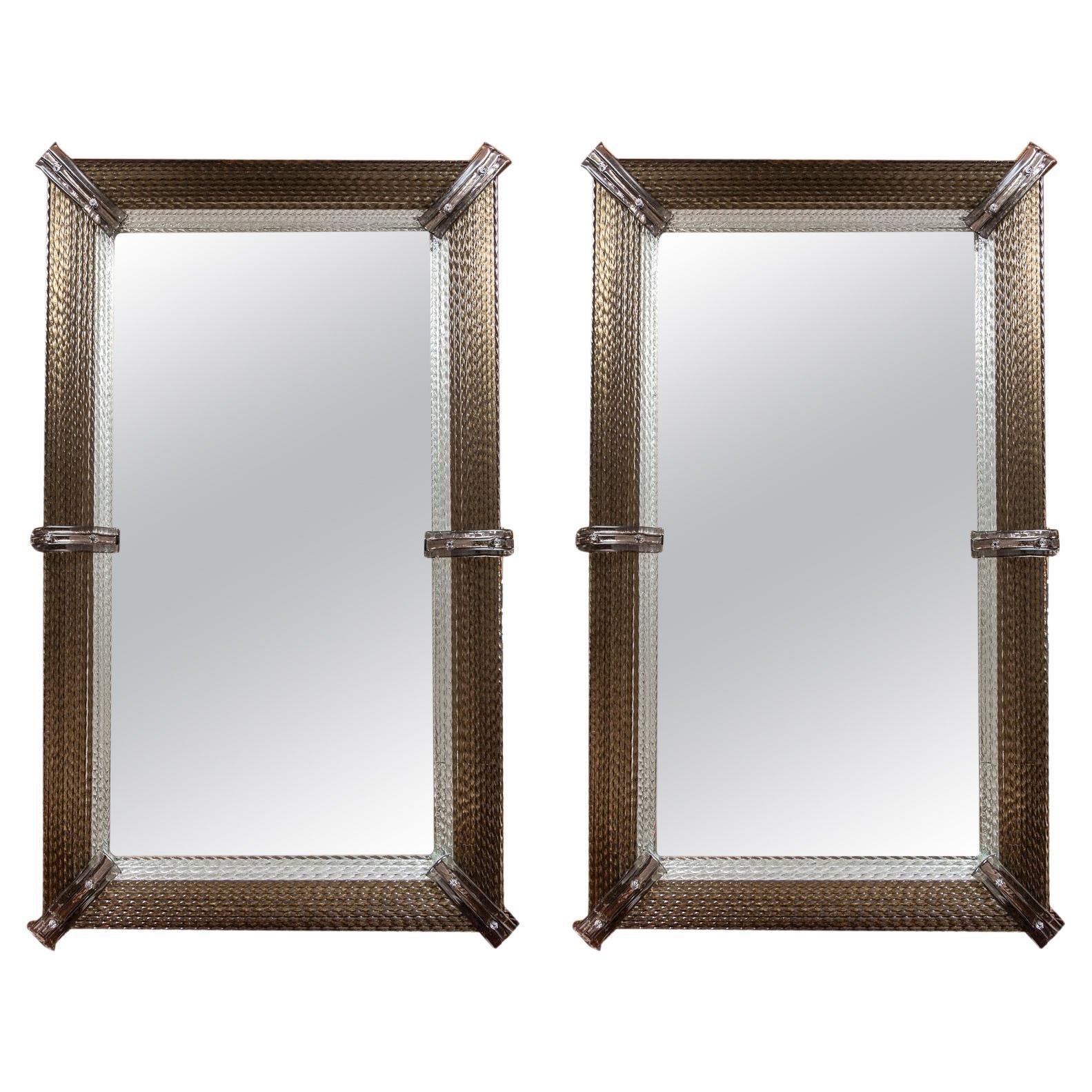 Pair of Large Custom Murano Blown Taupe Twisting Glass Mirrors For Sale