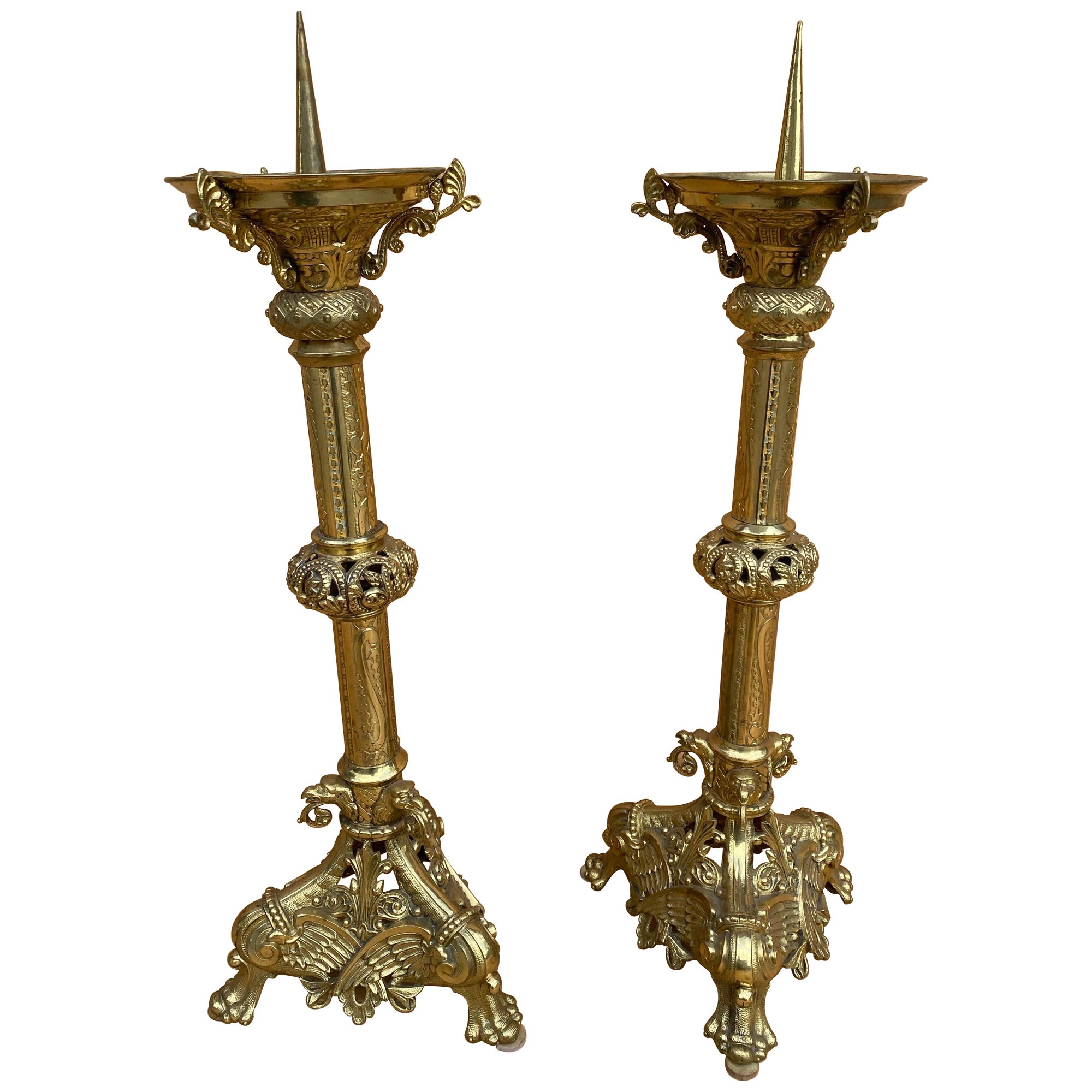 Antique French Neogothic Altar Torchère Candlestick Set w/ Griffins For Sale
