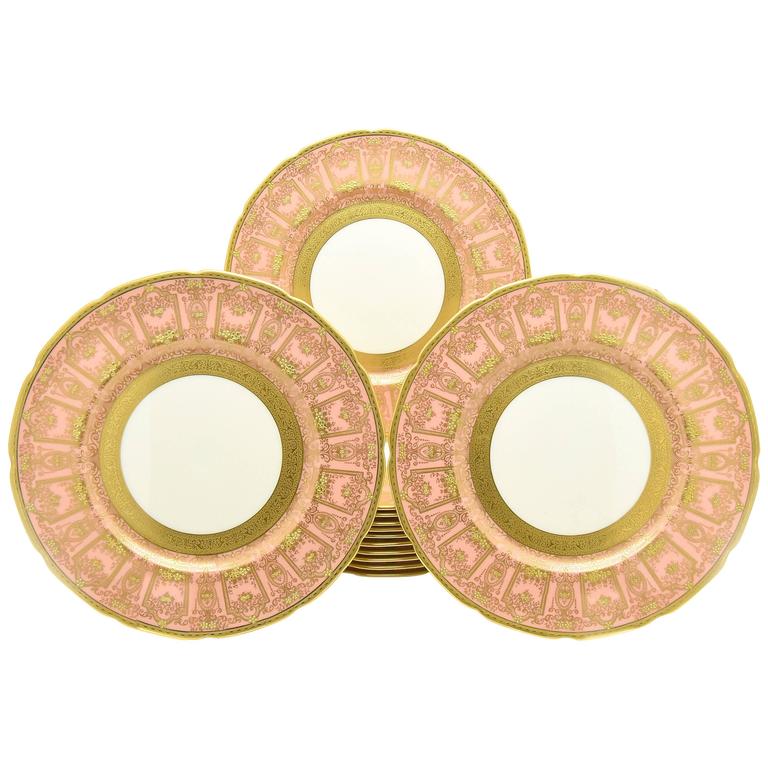 Set of 12 Pink/Rose Lenox Dinner Plates with Neoclassical Raised Paste