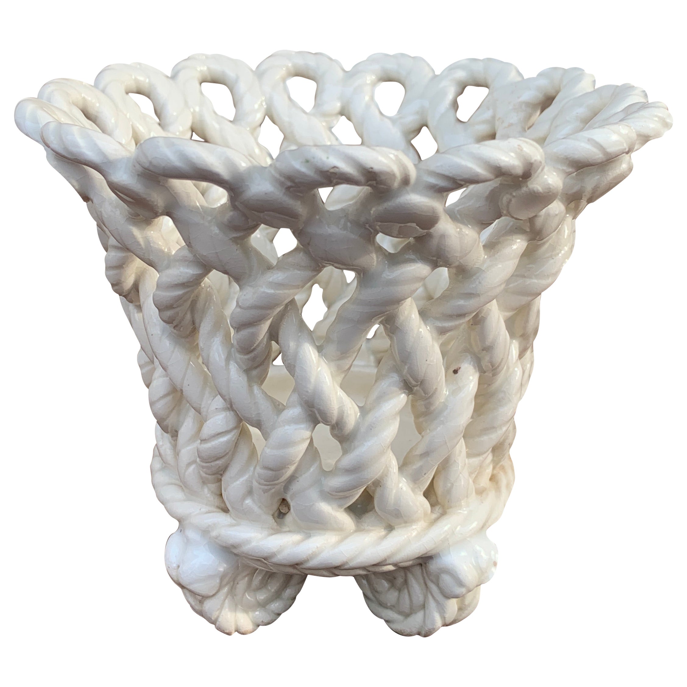 French Country White Ceramic Woven Rope Cachepot Basket For Sale