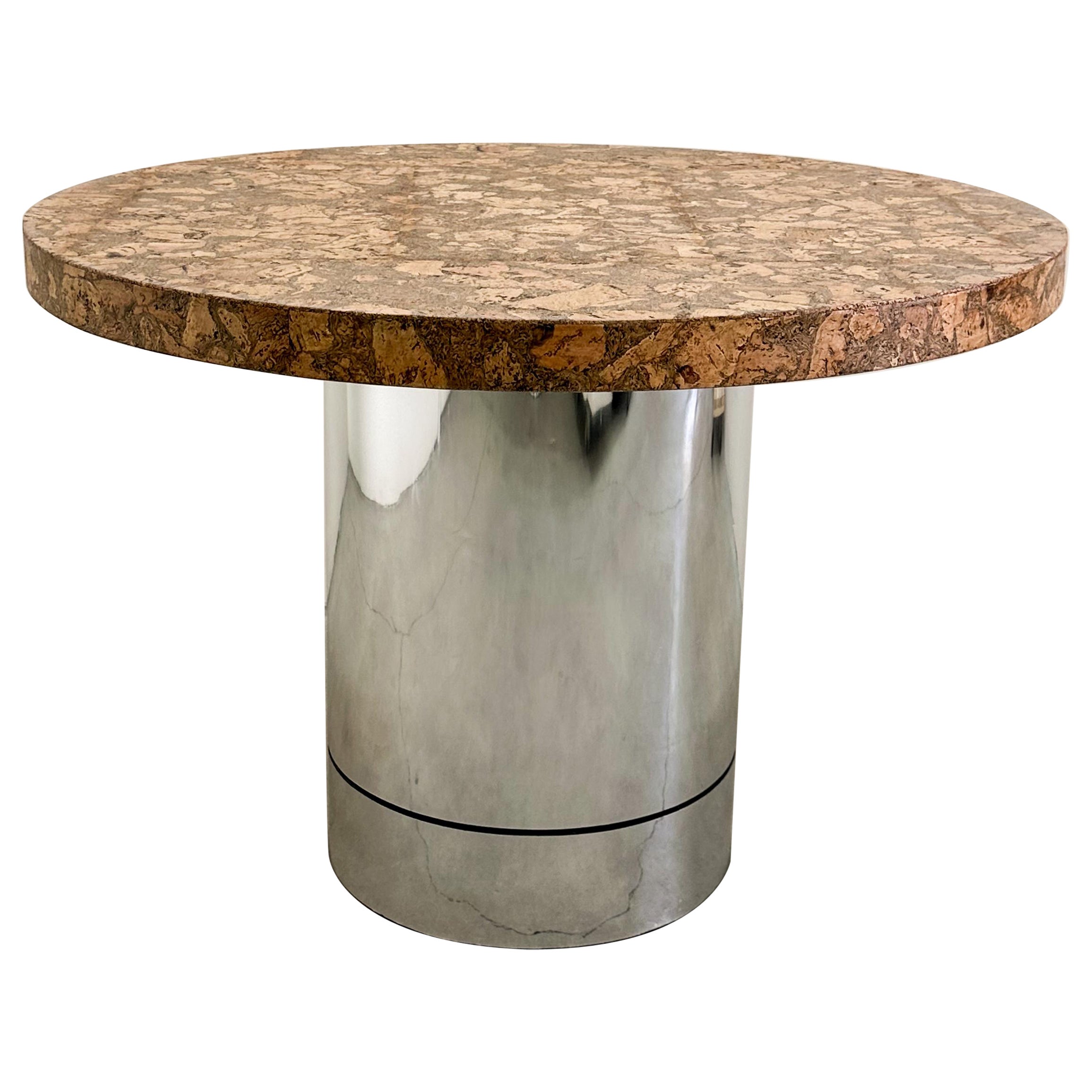 Vintage MCM Cork Round Chrome Pedestal Base Dining Table 1970s