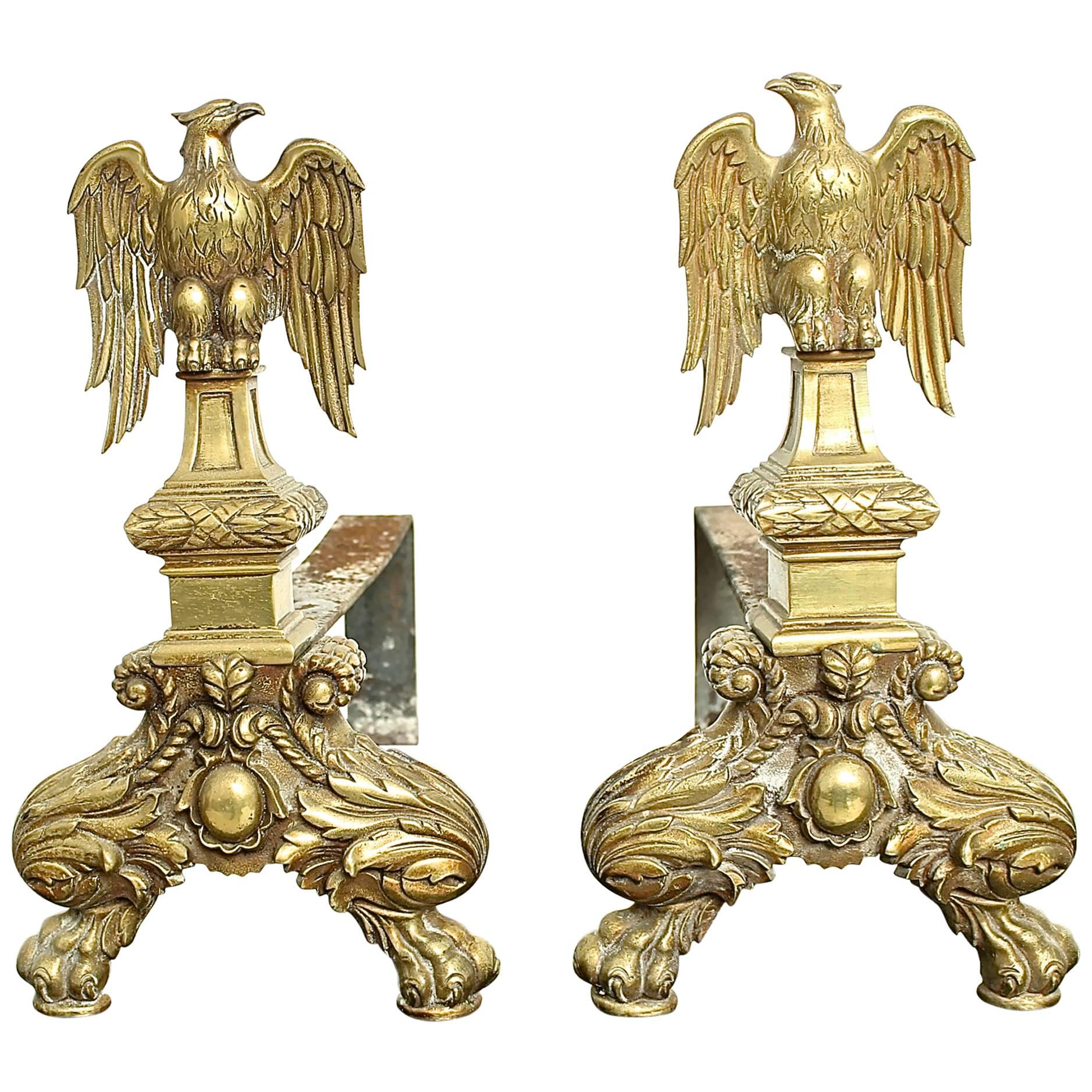 Set of Two Fireplace Andirons Representing an Eagle in Copper For Sale