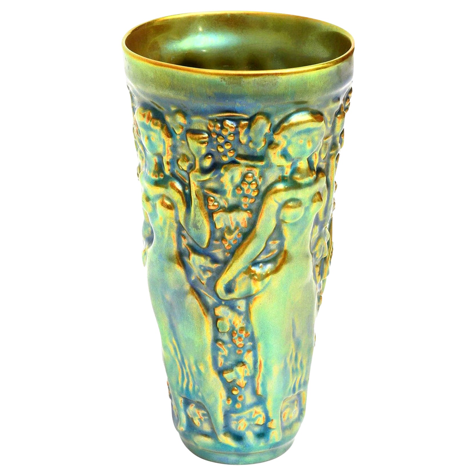 Zsolnay Vintage Glazed Green, Brown and Turquoise Nude Relief Ceramic Vase im Angebot