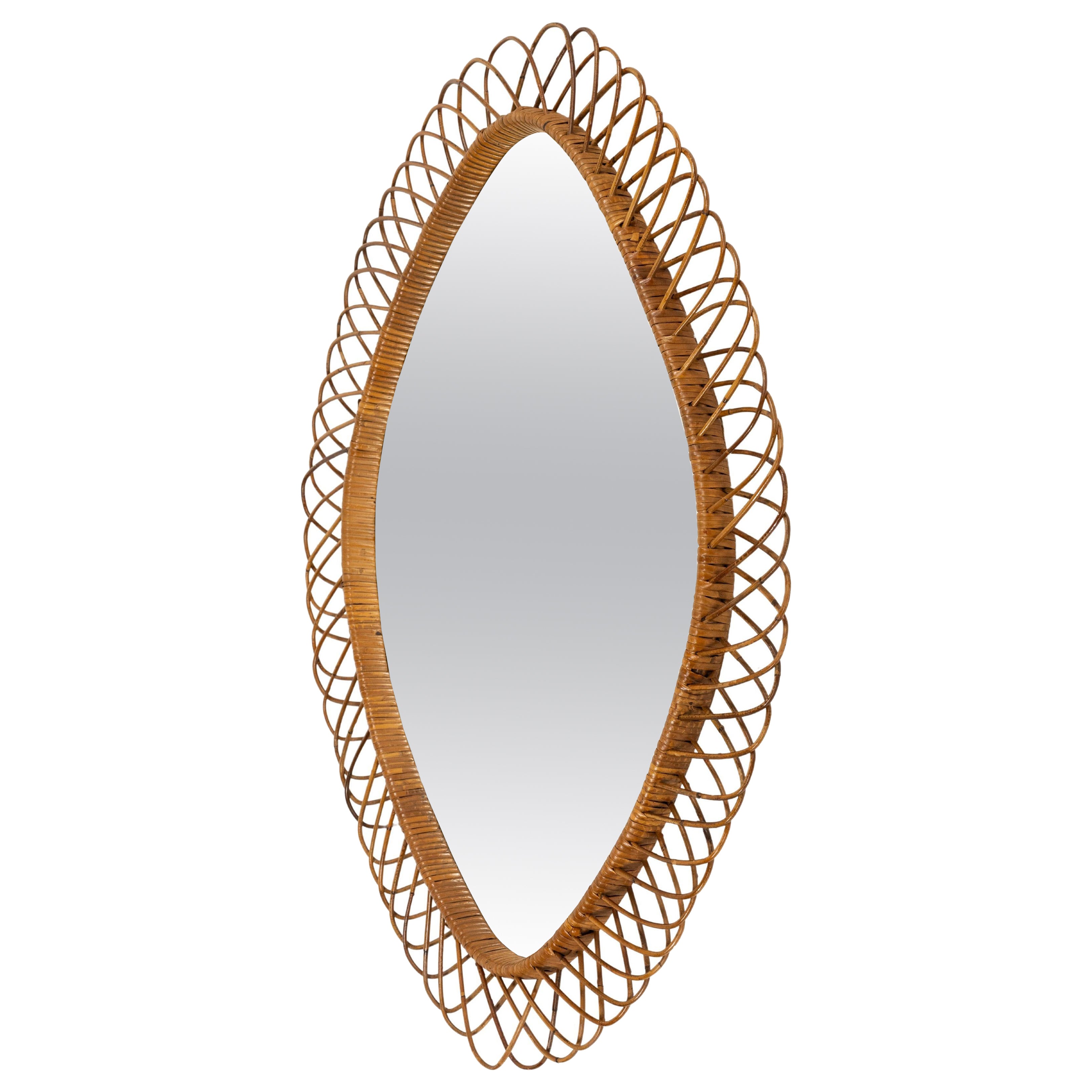 Midcentury Rattan and Wicker Oval Wall Mirror, Italy 1960s