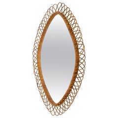 Vintage Midcentury Rattan and Wicker Oval Wall Mirror, Italy 1960s