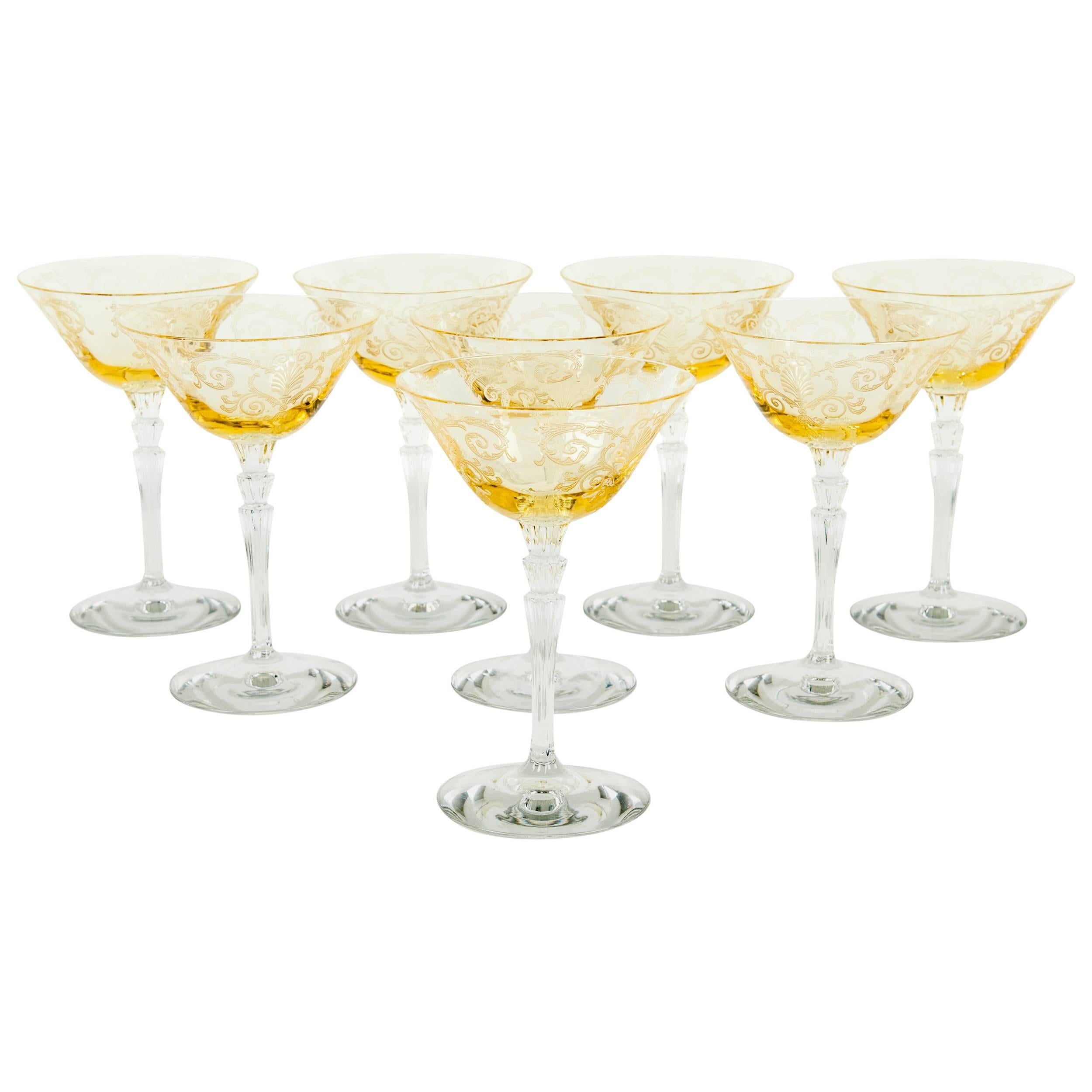 Vintage Set of Eight Etched Crystal Amber Champagne Coupe