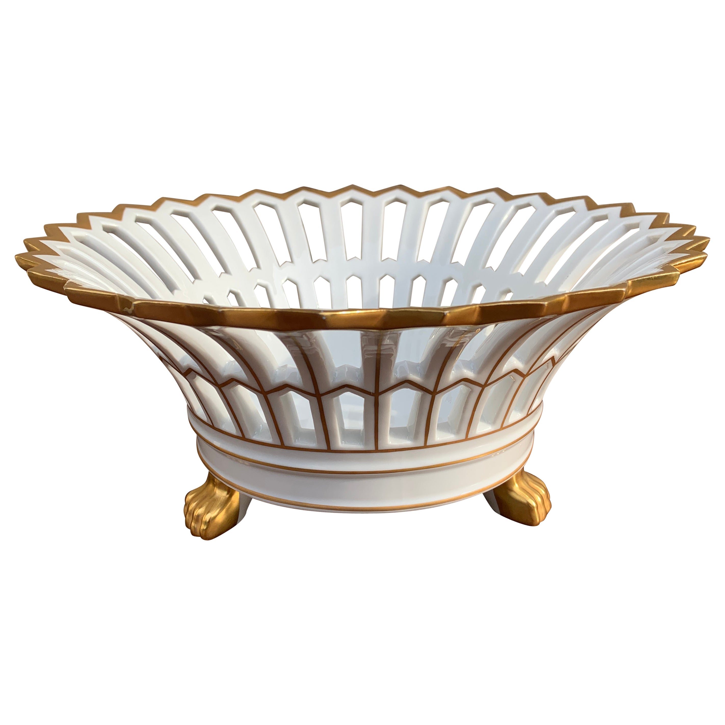 Regency Reticulated Gold Gilt Porcelain Lion Paw Footed Basket For Sale