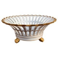 Vintage Regency Reticulated Gold Gilt Porcelain Lion Paw Footed Basket