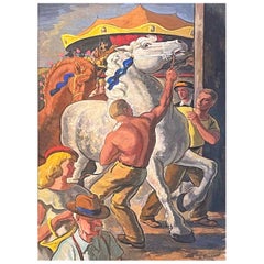 "Escena de feria estatal con caballos y tiovivo", pintura de escena estadounidense, 1947