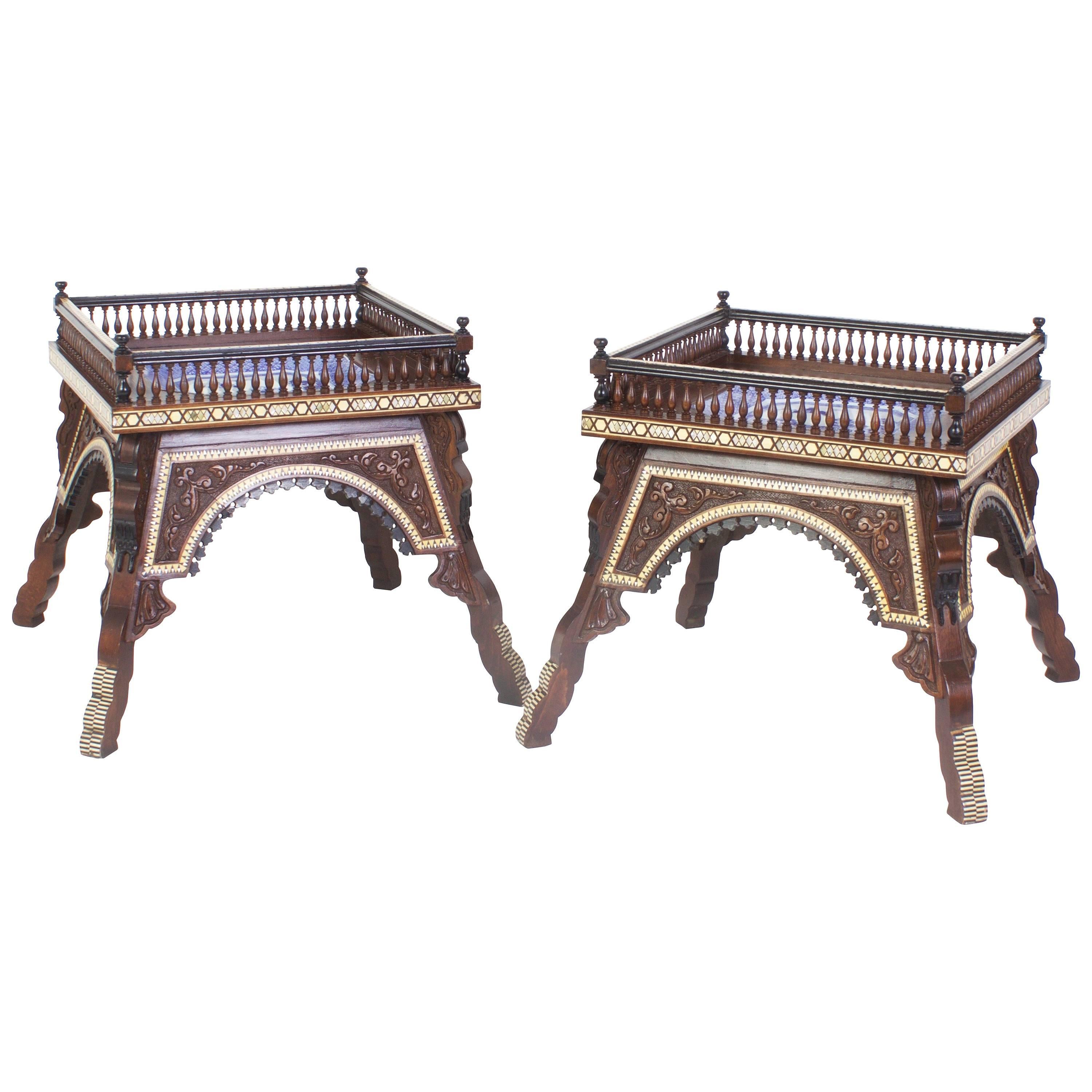 Moorish Bone Inlaid Tables with Floral Carvings and Porcelain