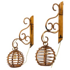 Vintage Midcentury Pair of Sconces in Bamboo and Rattan Louis Sognot Style, Italy 1960s