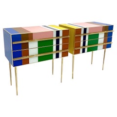Pareja Contemporánea Italiana Estilo Mondrian Azul Verde Amarillo Cómodas / Mesas auxiliares