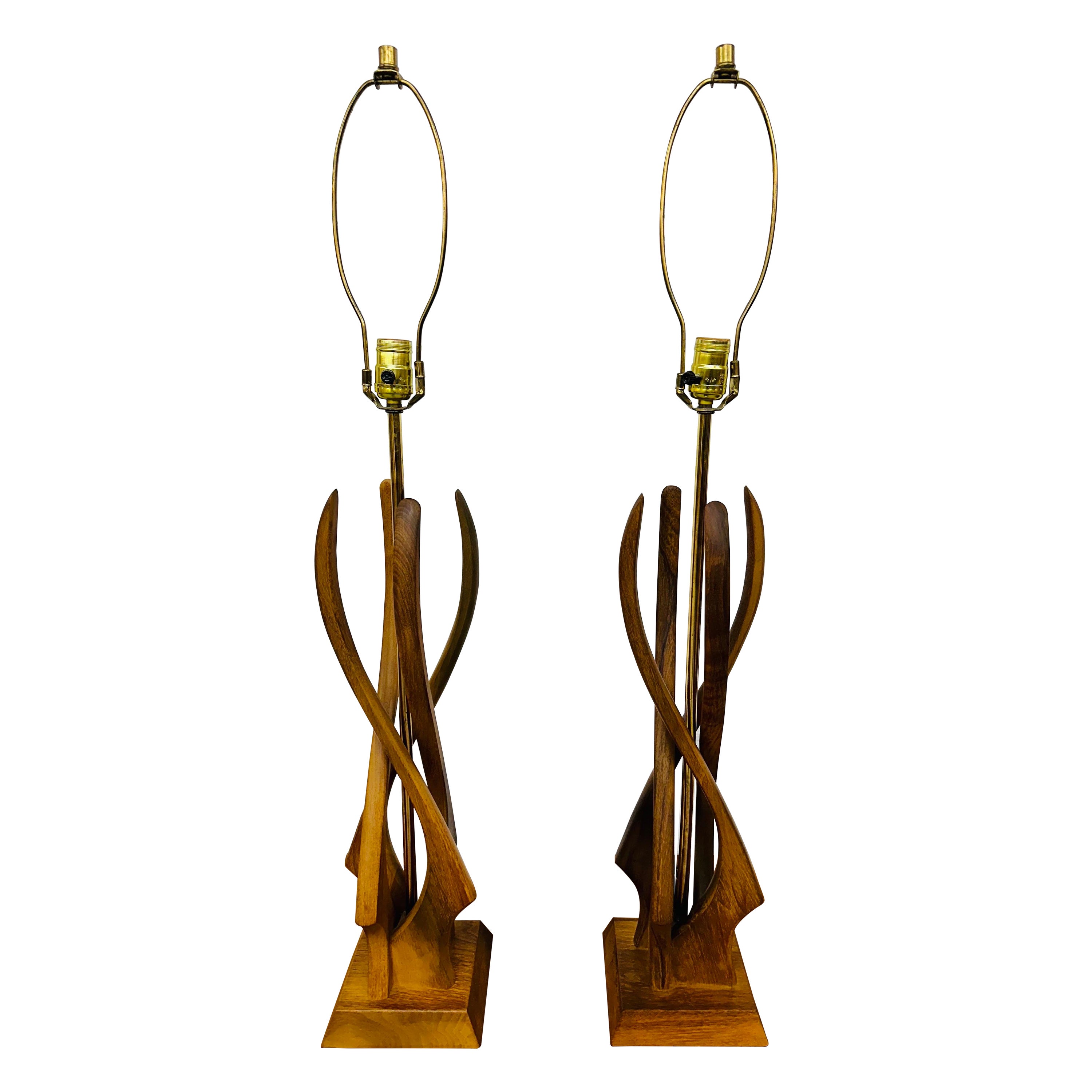Mid-Century Modern Twisted Walnut Table Lamps - Set of 2