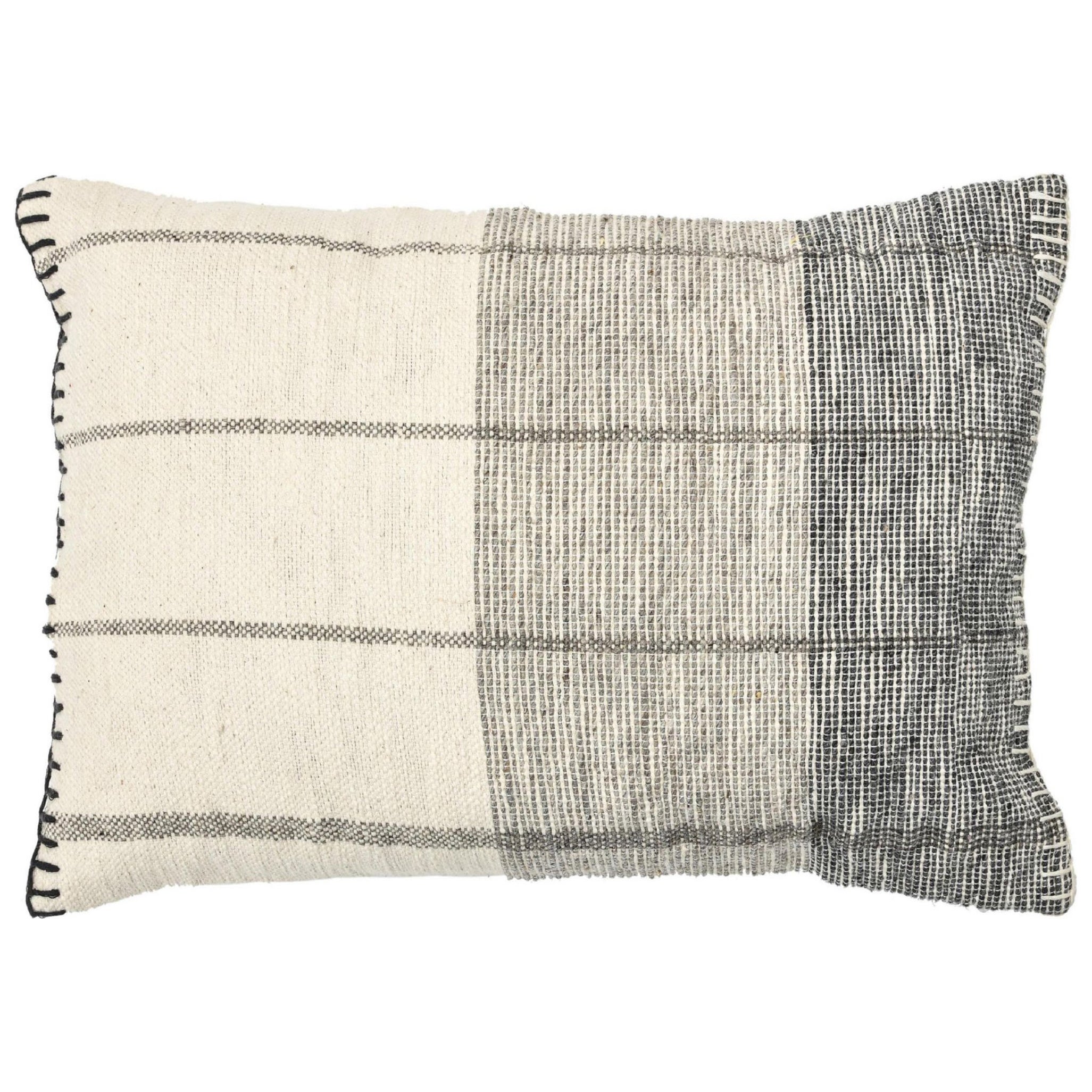 Modern Wool and Cotton Pillow With Geometric Pattern In Ivory and Gray