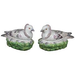 Pair of French Porcelain Dove on Nest Boxes