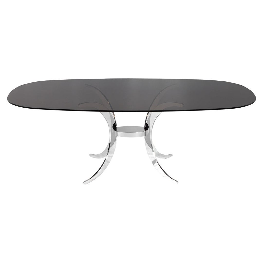 Vintage Modern Dining Table with Sculpted Metal Base Table and Smoked Glass Top For Sale