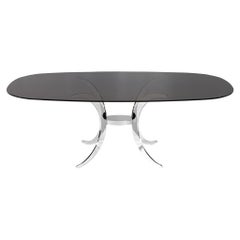 Vintage Modern Dining Table with Sculpted Metal Base Table and Smoked Glass Top