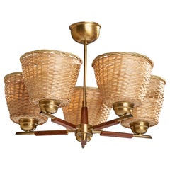 Vintage Swedish Designer, Chandelier, Brass, Teak, Rattan, Sweden, 1950s