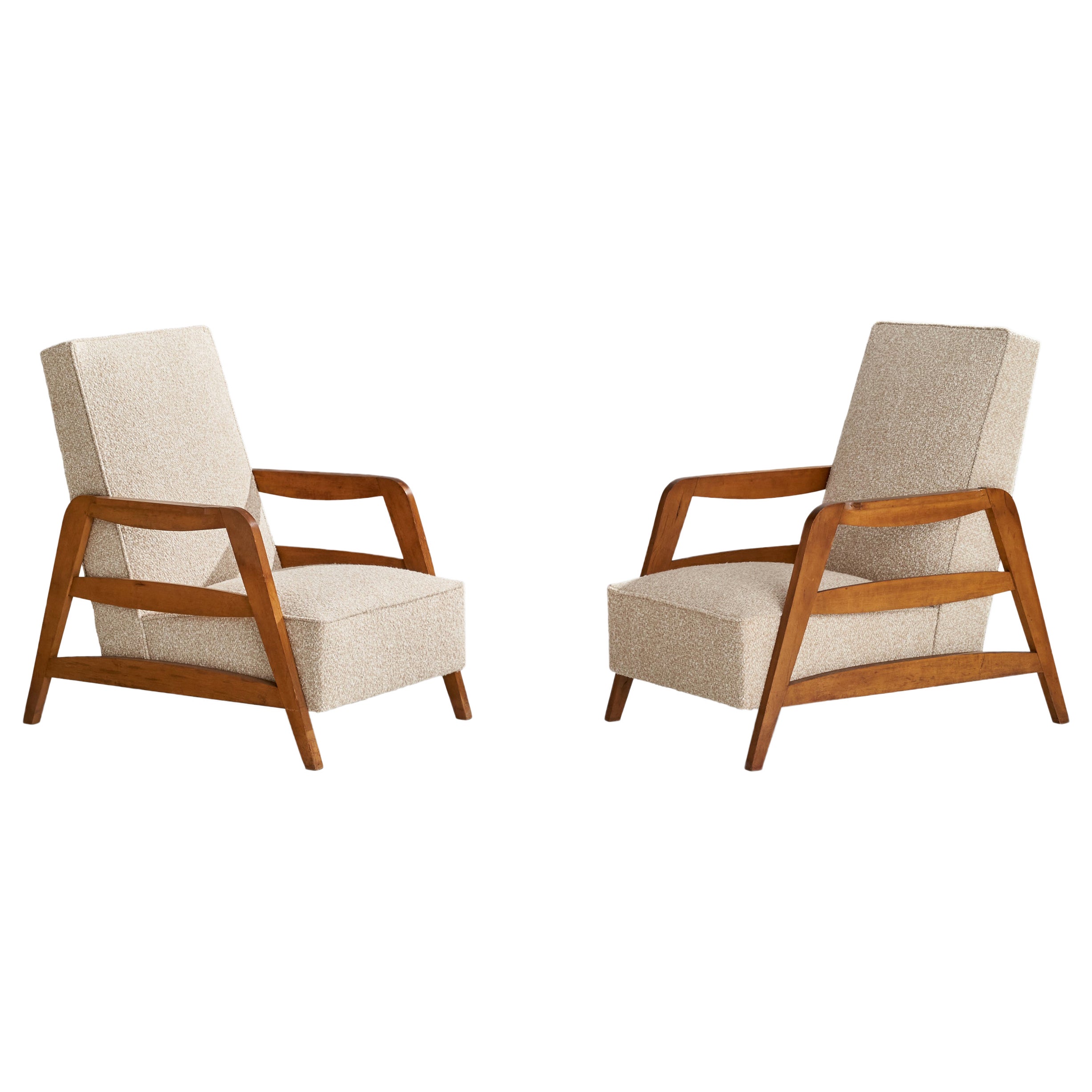 French Designer, Lounge Chairs, Wood, Fabric, France, 1950s