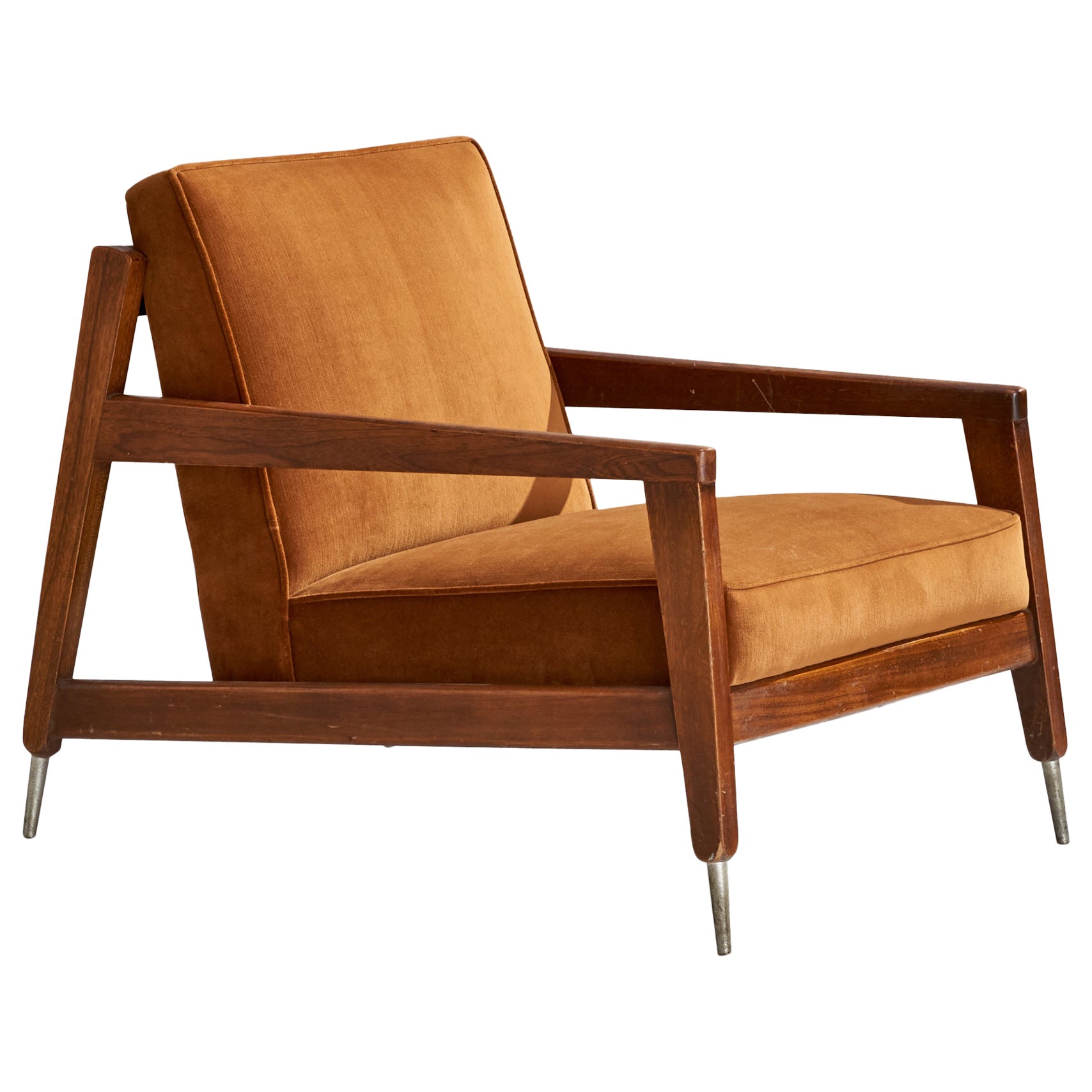 American Designer, Lounge Chair, Oak, Velvet, Aluminum, USA, 1950s