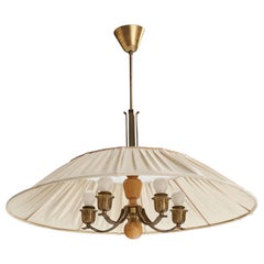 Vintage Harald Notini, Chandelier, Oak, Brass, Fabric, Sweden, 1940s