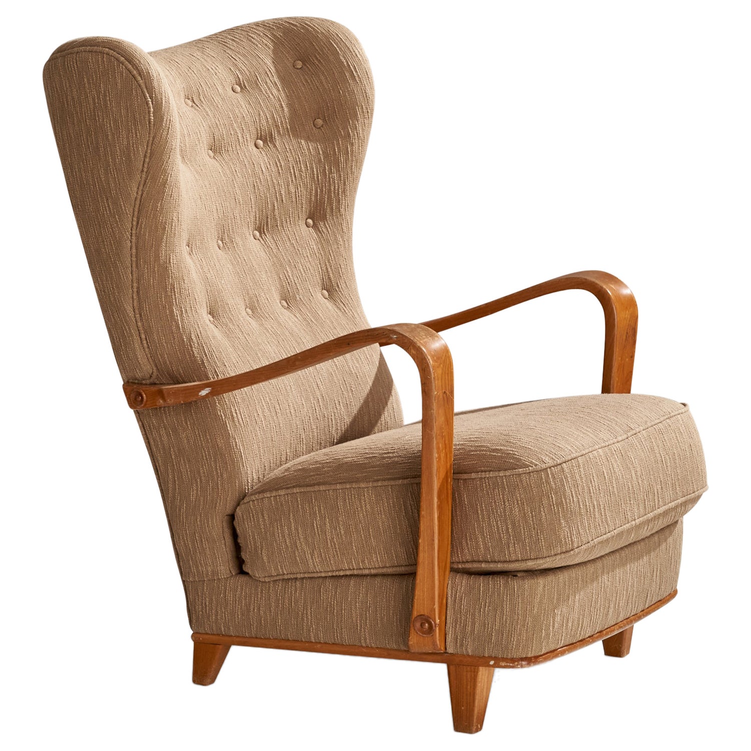 Gemla Diö, Lounge Chair, Elm, Fabric, Sweden, 1940s For Sale