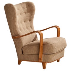 Gemla Diö, Lounge Chair, Elm, Fabric, Sweden, 1940s
