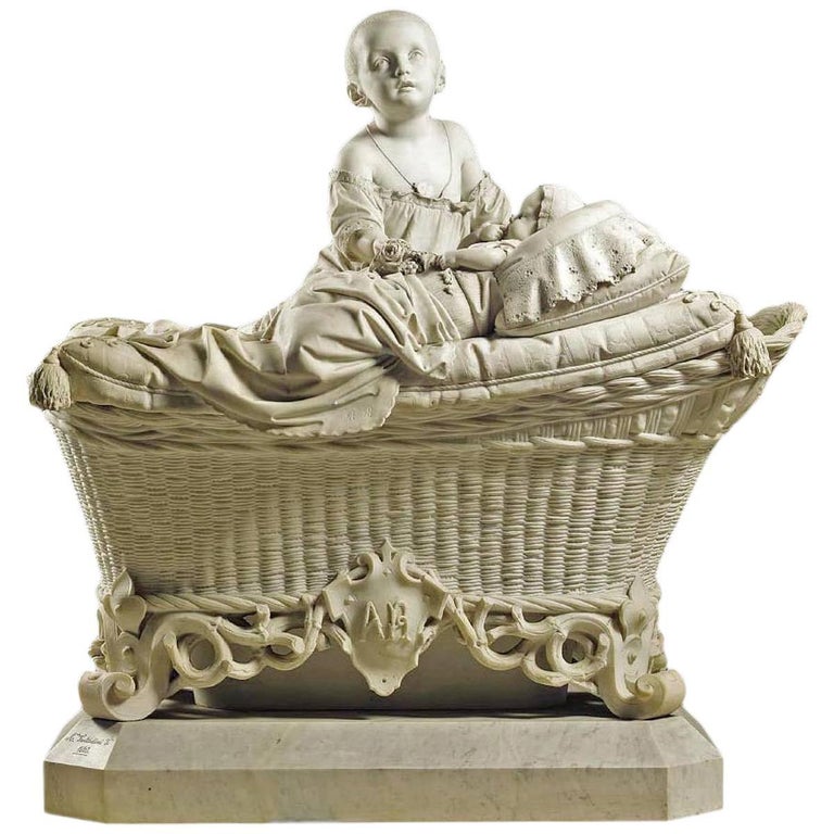 Life Size Italian 19th Century Marble Sculpture Children on Crib, A. Tantardini For Sale