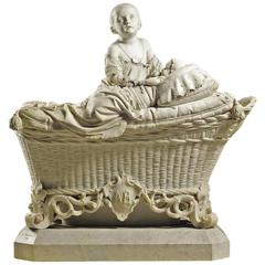 Antonio Tantardini Marble Sculpture Children on Wicker Crib
