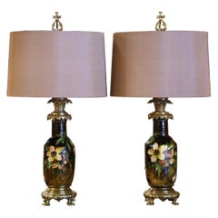 Pair 19th Century French Painted Faience and Bronze Table Lamps from Montigny
