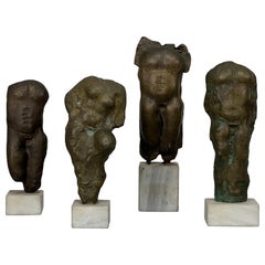 Antique Four Bronze Torso Sculptures on Marble Bases