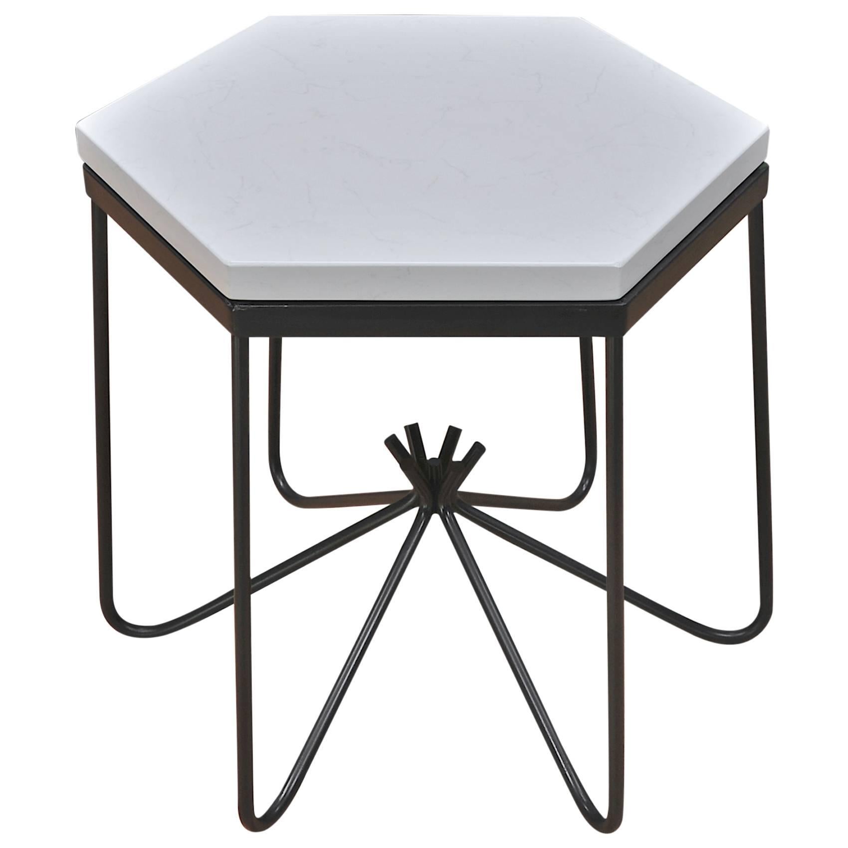 Hirondelle Hexagonal White Marble Iron Rod Side Table