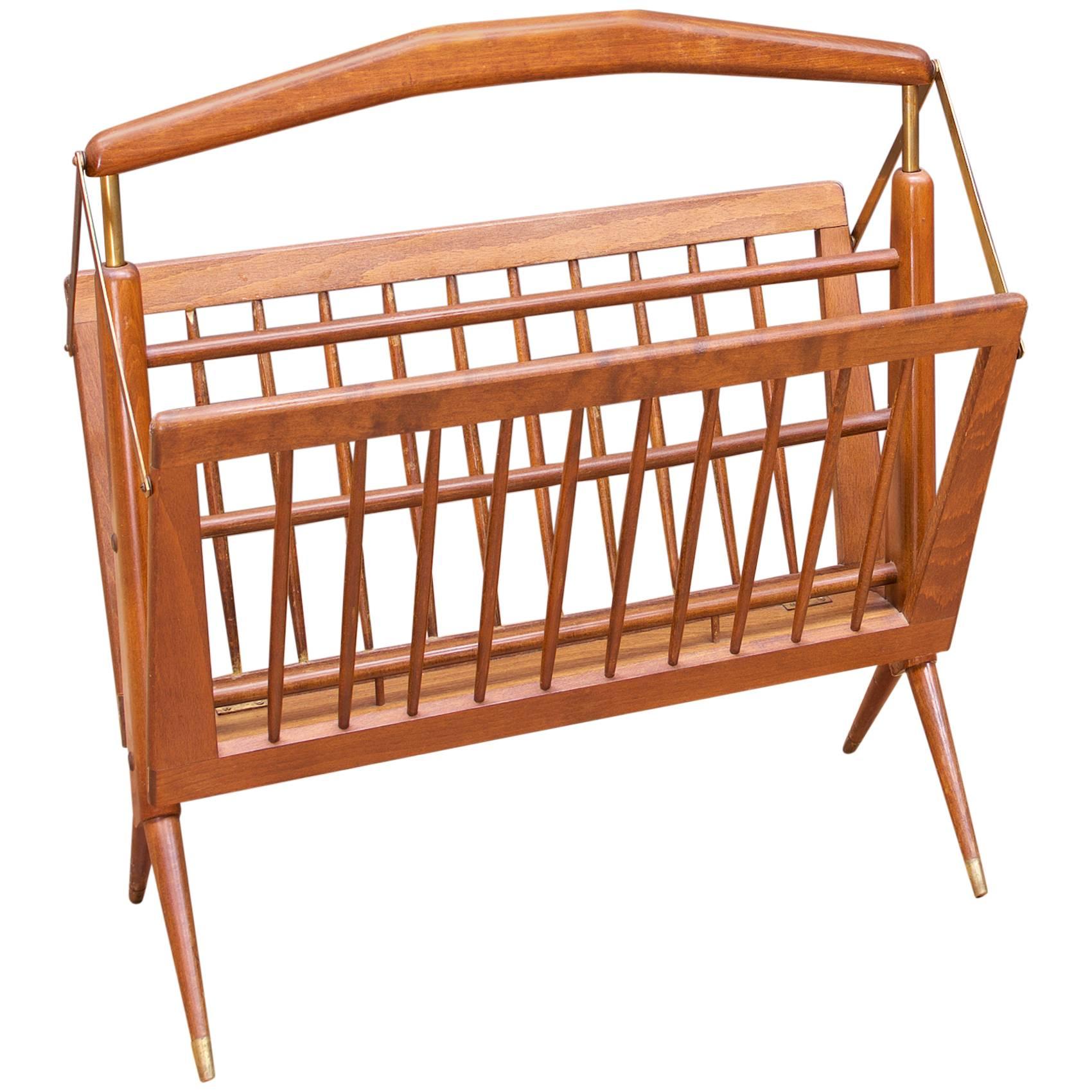 1950s Cesare Lacca Foldable Newspaper or Magazine Rack Walnut Brass