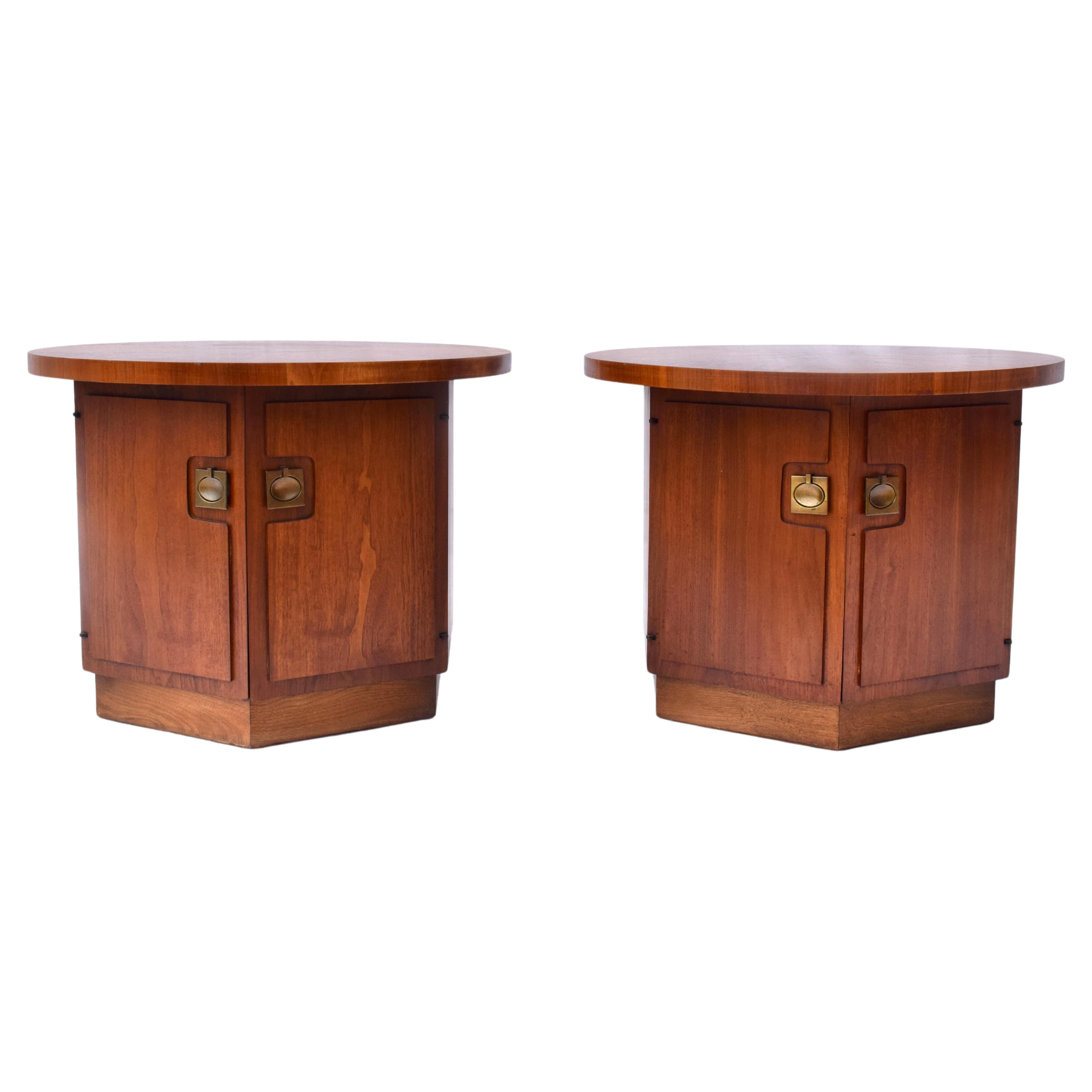 Pair of Hexagon Walnut End Side Tables W/ Two Door Cabinets Storage Compartments For Sale