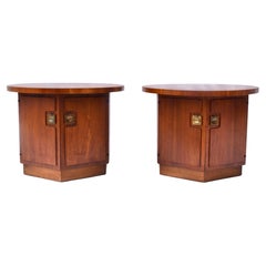 Retro Pair of Hexagon Walnut End Side Tables W/ Two Door Cabinets Storage Compartments