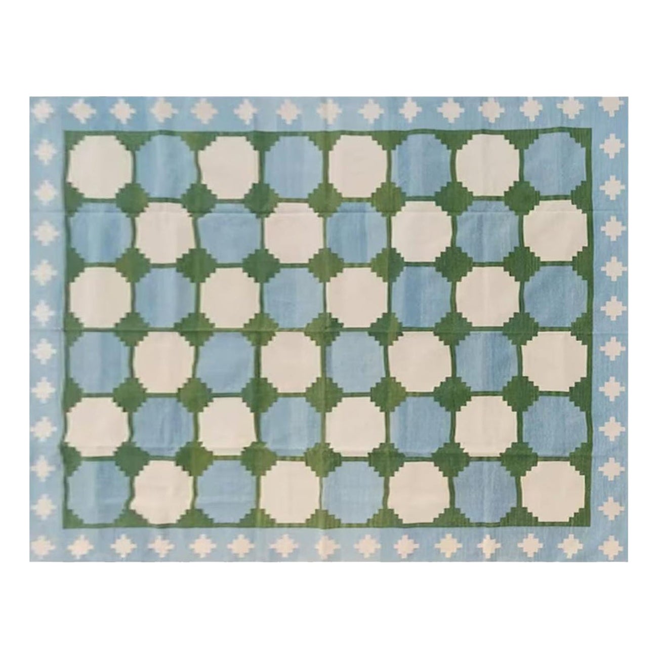 Handmade Cotton Area Flat Weave Rug, 6x9 Blue And Green Tile Indian Dhurrie Rug For Sale