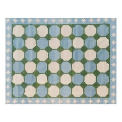 Handmade Cotton Area Flat Weave Rug, 6x9 Blue And Green Tile Indian Dhurrie Rug